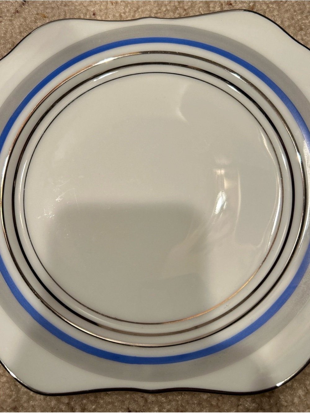 Meito Elegant White Porcelain salad Plate with Blue and Silver Trim 7 3/4